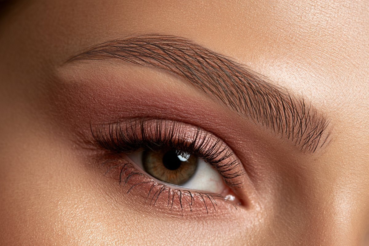 Model eyebrow with fine microblading-style hair strokes